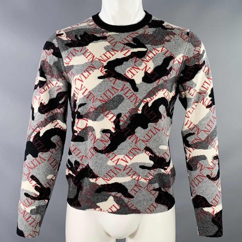 VALENTINO S Grey Black White Knit Camouflage Logo Cashmere Crew Neck Pullover